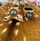 Custom Dyed Cowhide Napkin Rings with Pendleton Let 'er Buck Berry conchos - Handmade in Oregon by Blue Mountain Brands USA