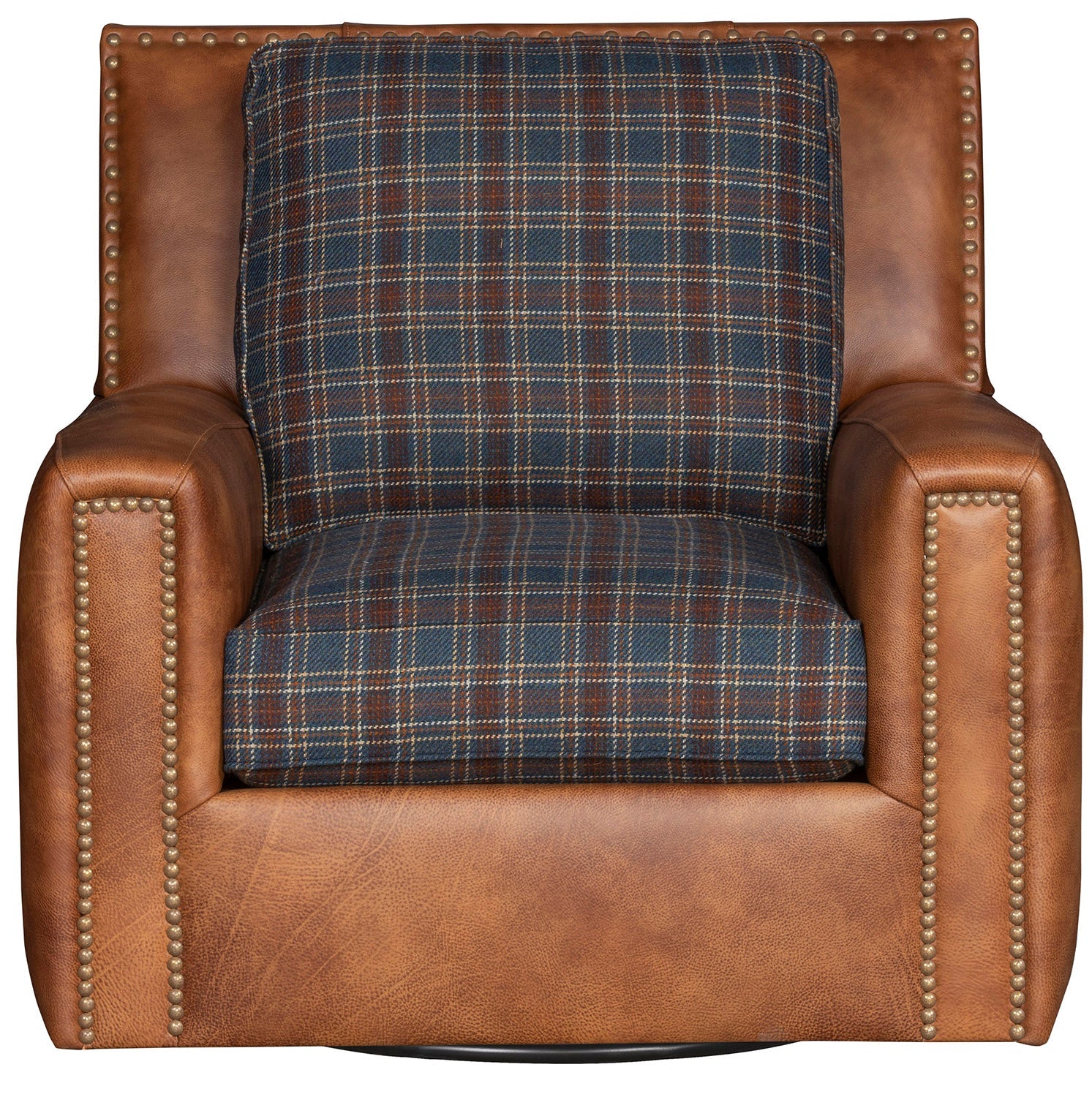 American made swivel chair in lodge plaid fabric and burnished leather with nailhead trim