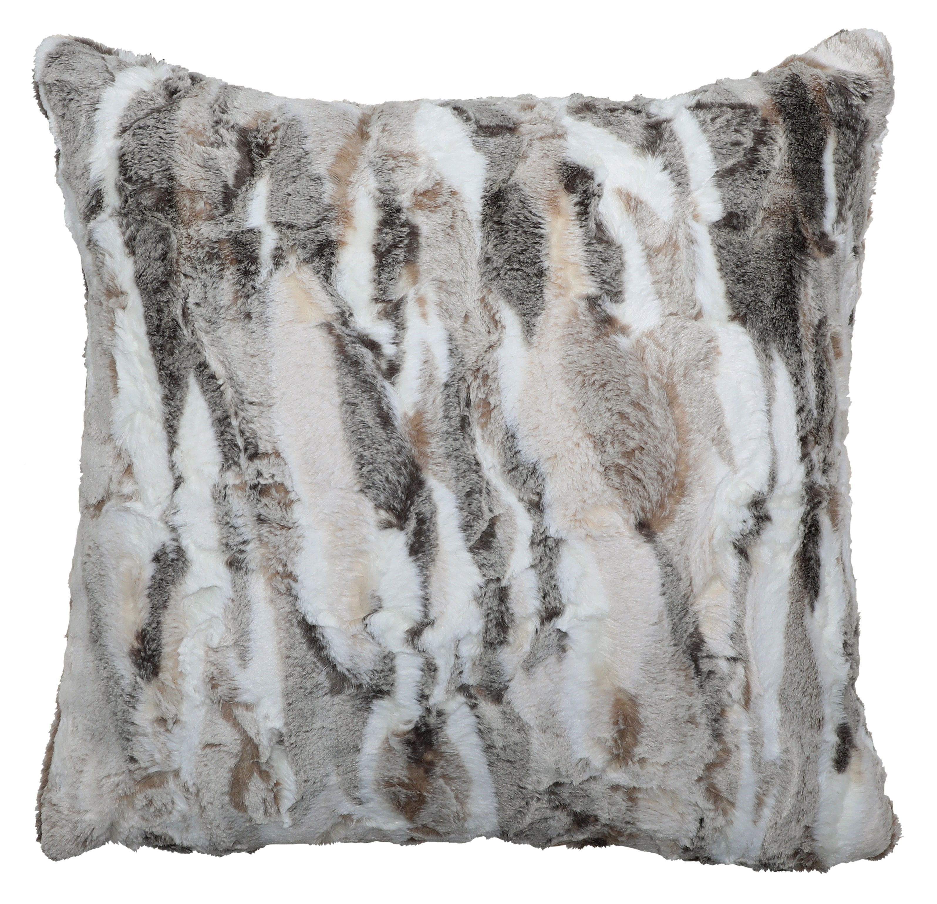 plush Himalayan faux fur throw pillow in white, tan, and grey tones with soft textured stripes, 18x18 handmade decorative accent pillow for rustic and lodge decor