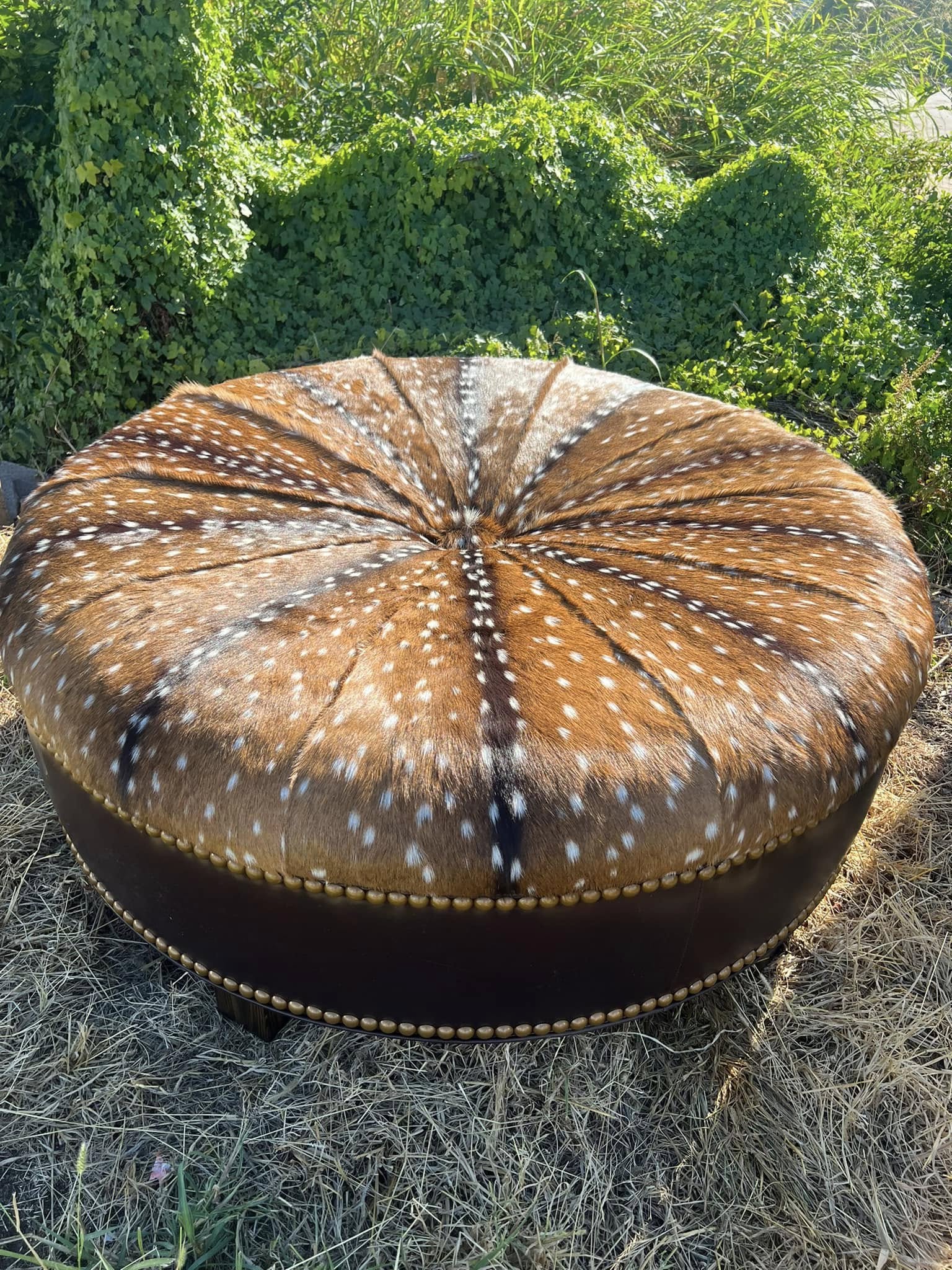 Custom American made Leather & Axis Hide Round Ottoman - Your Western Decor