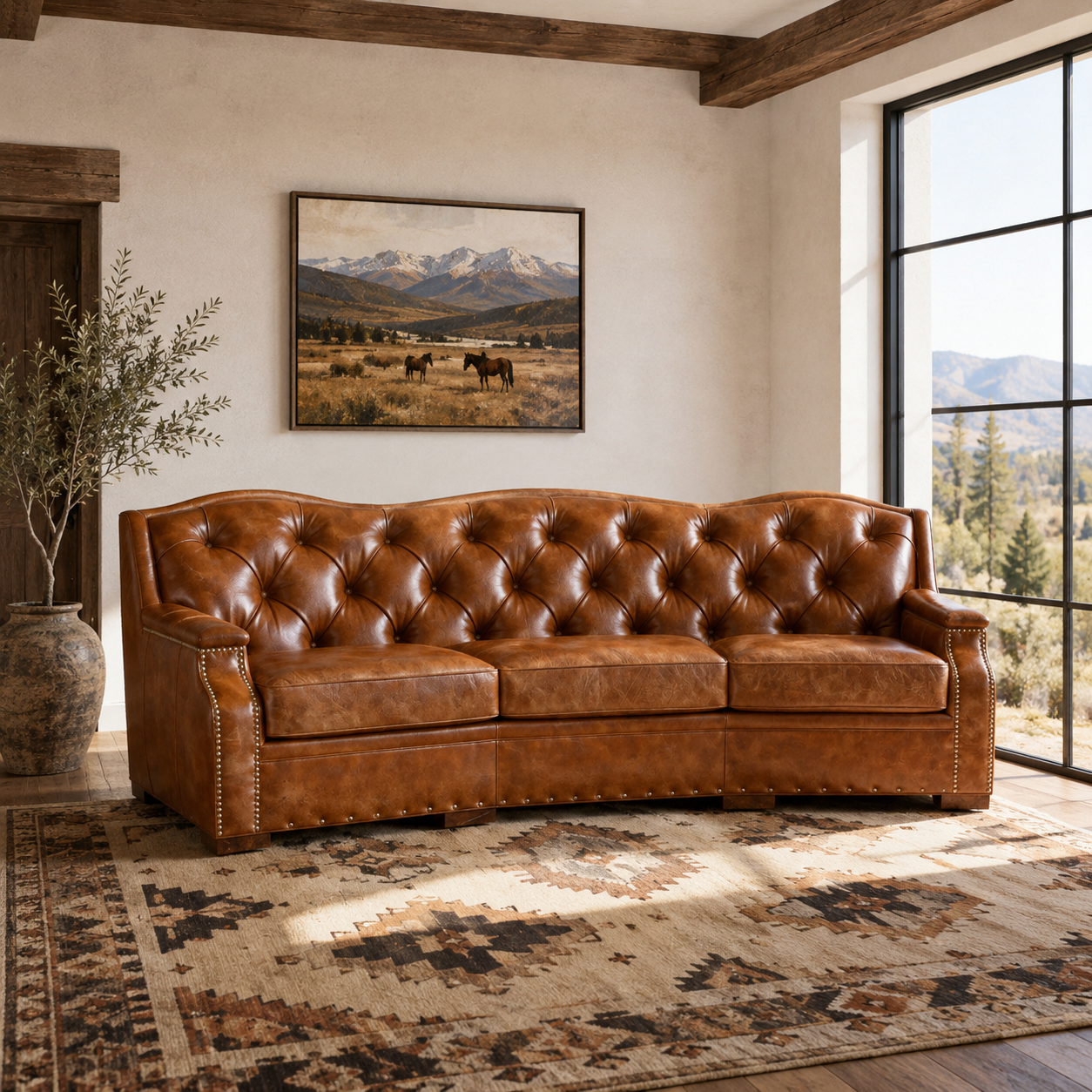 American made curved leather sofa with tufted back and 3 removable seat cushions
