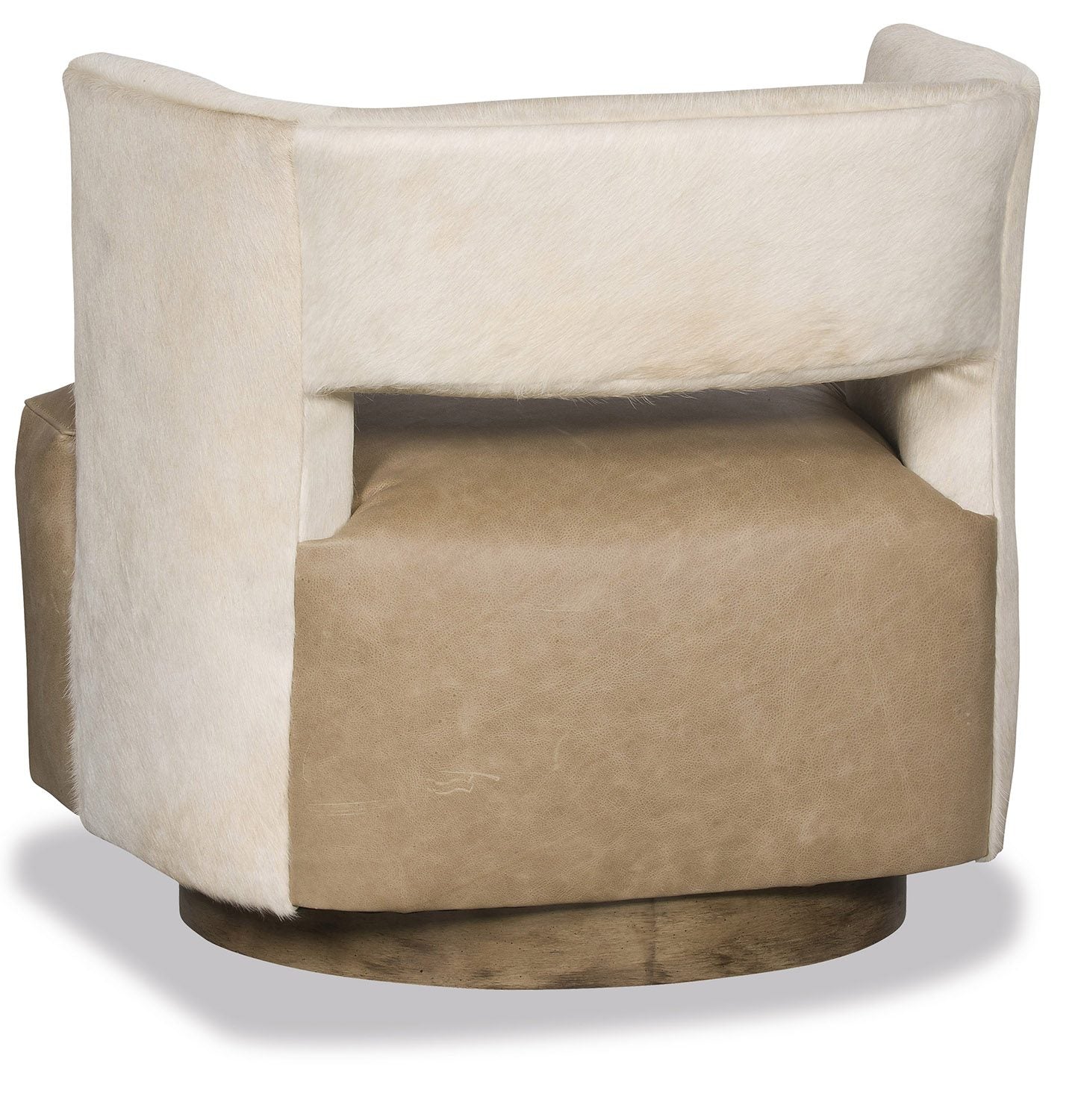 tan leather and ivory cowhide swivel chair back view