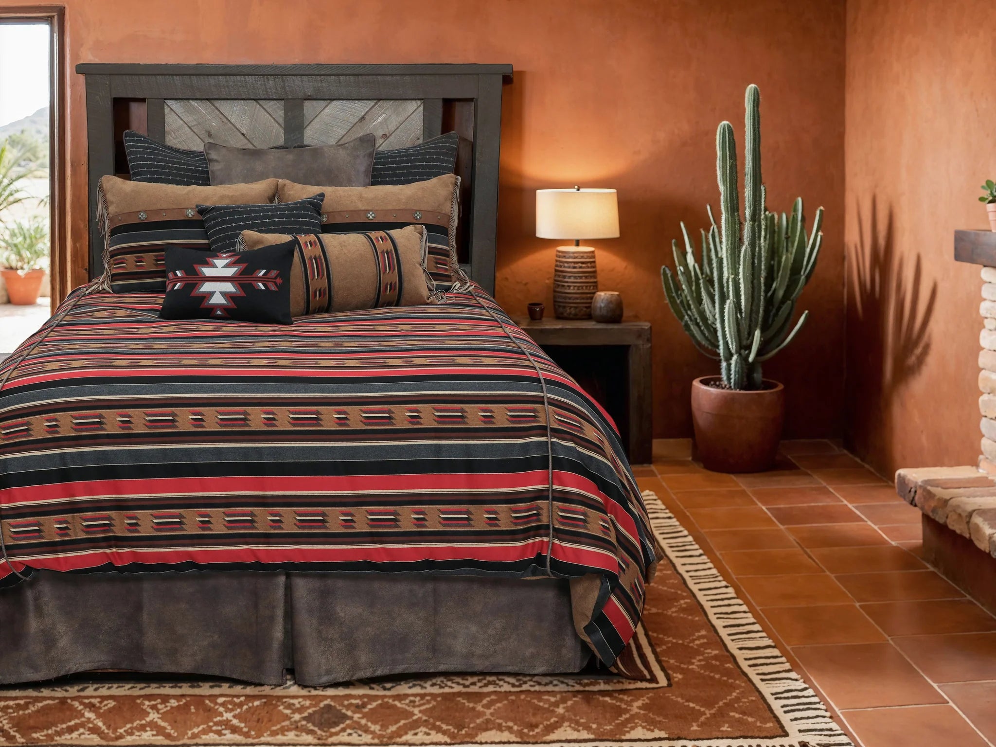 Bedroom with striped bedding, wooden headboard, and cactus plant, Southwestern decor, Southwestern bedding - Blue Mountain Brands USA