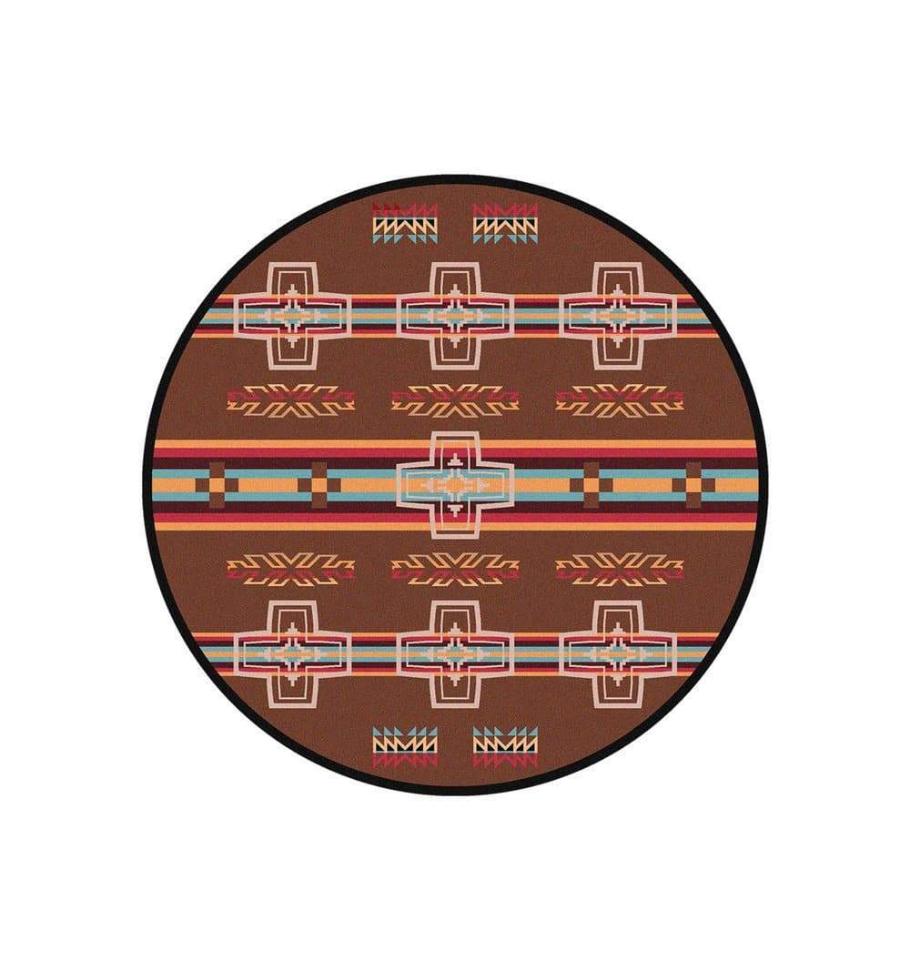 Sunset Canyon Cross Round Area Rug in browns, reds, turquoise, and salmon colors