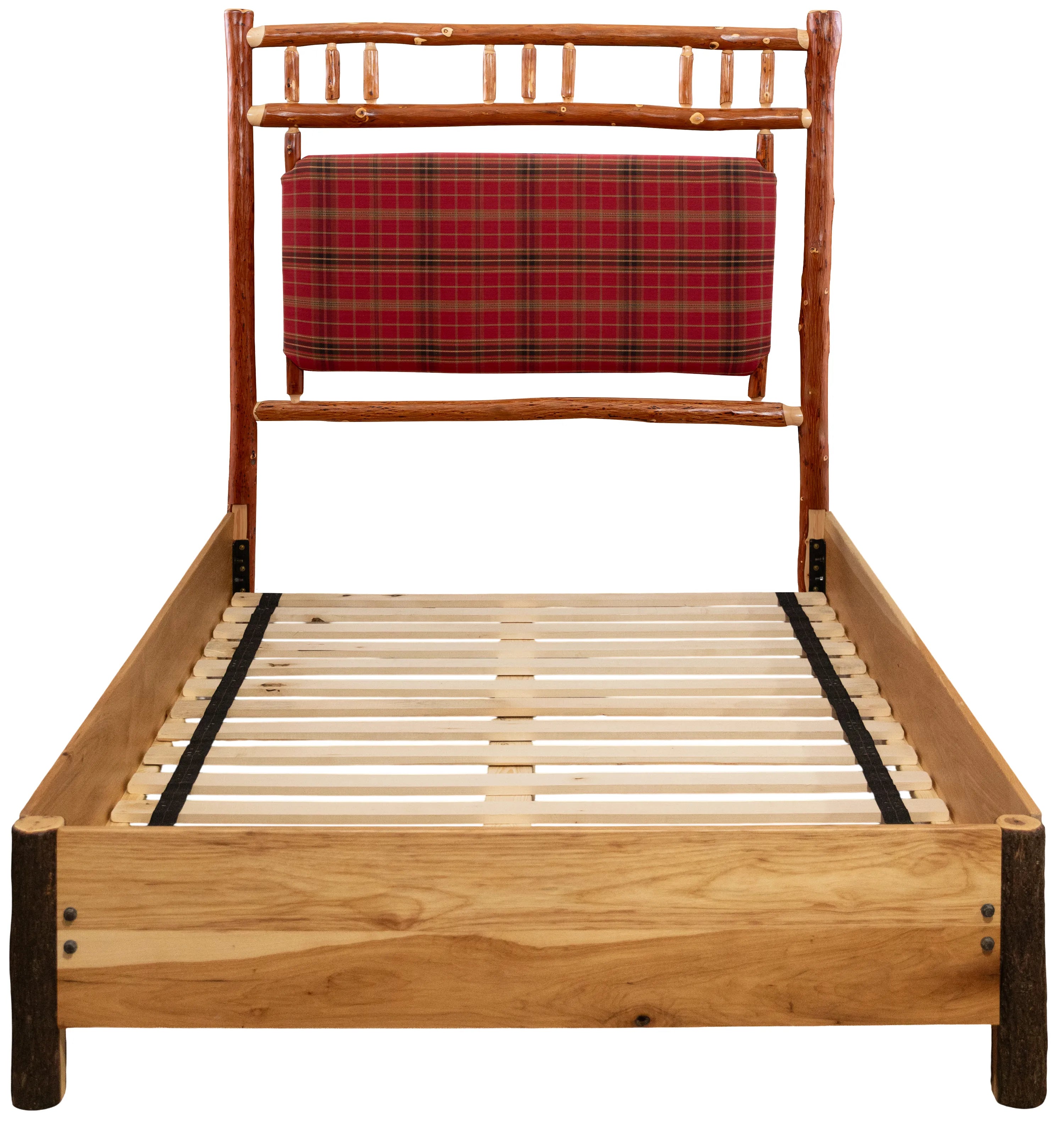 Timberline lodge bed facing front with plaid upholstered headboard - hickory frame