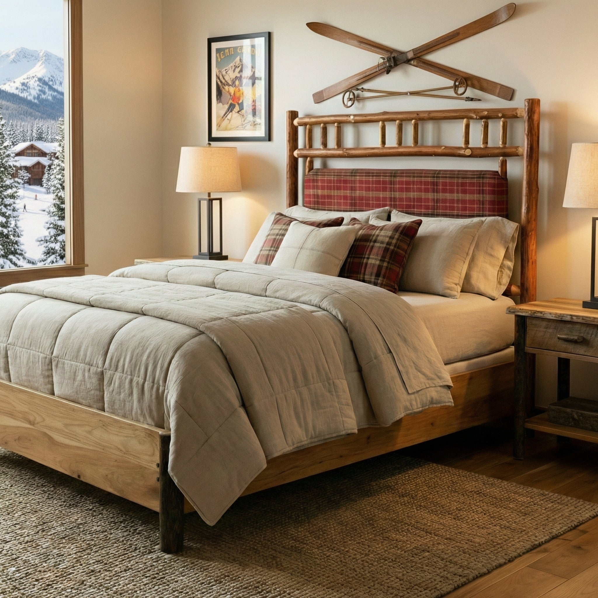 Ski lodge rustic bedroom with Timberline Upholstered Lodge Bed with custom plaid fabric headboard
