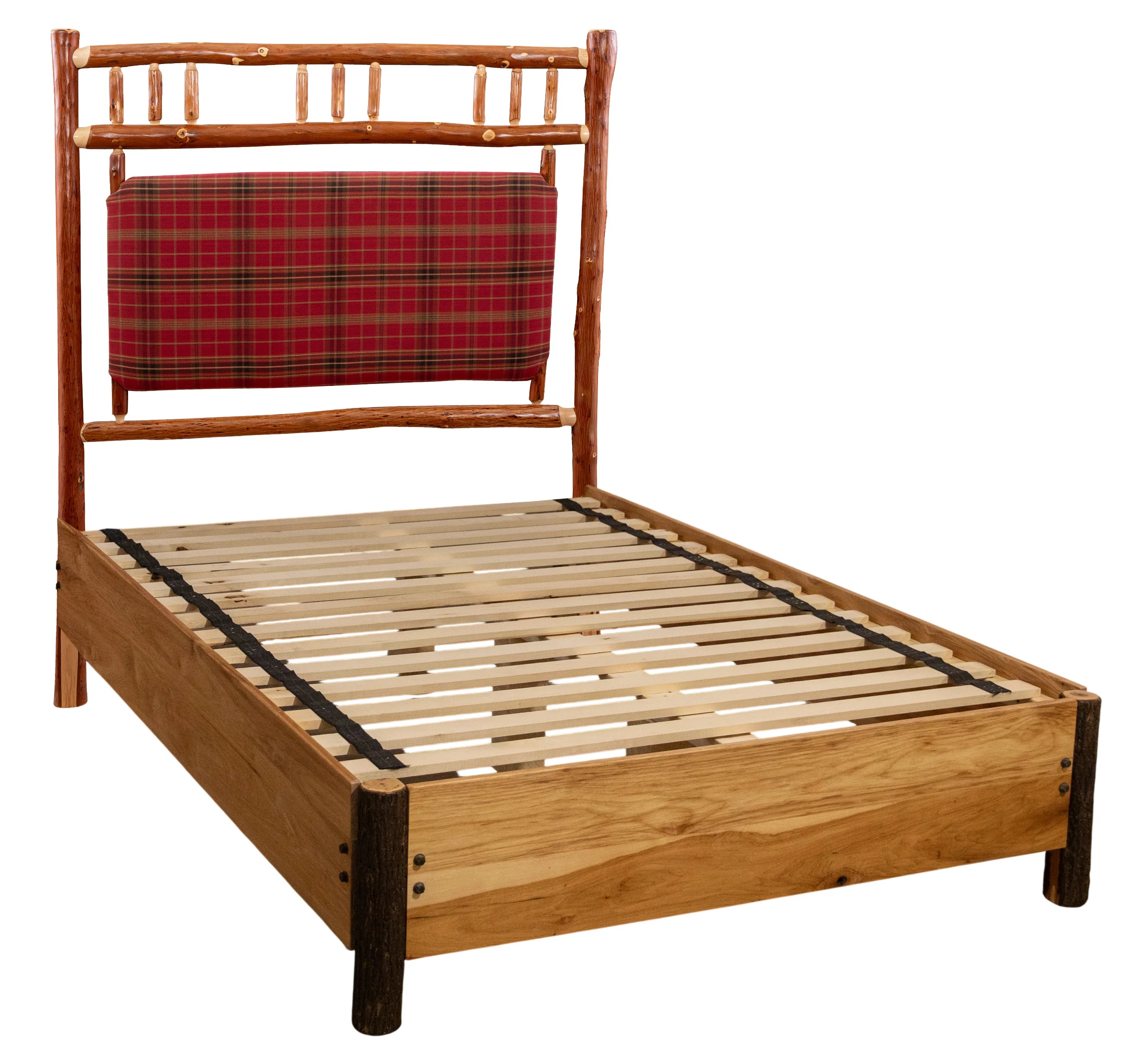 Timberline Hickory platform bed with custom upholstered headboard in plaid fabric