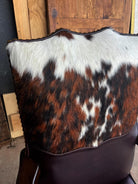 Office chair back detail of tri color cowhide yoke - Blue Mountain Brands USA