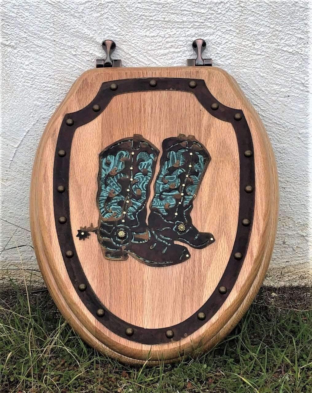 Cowboy boots & turquoise leather western toilet seat. Made in the USA - Blue Mountain Brands USA Home Decor