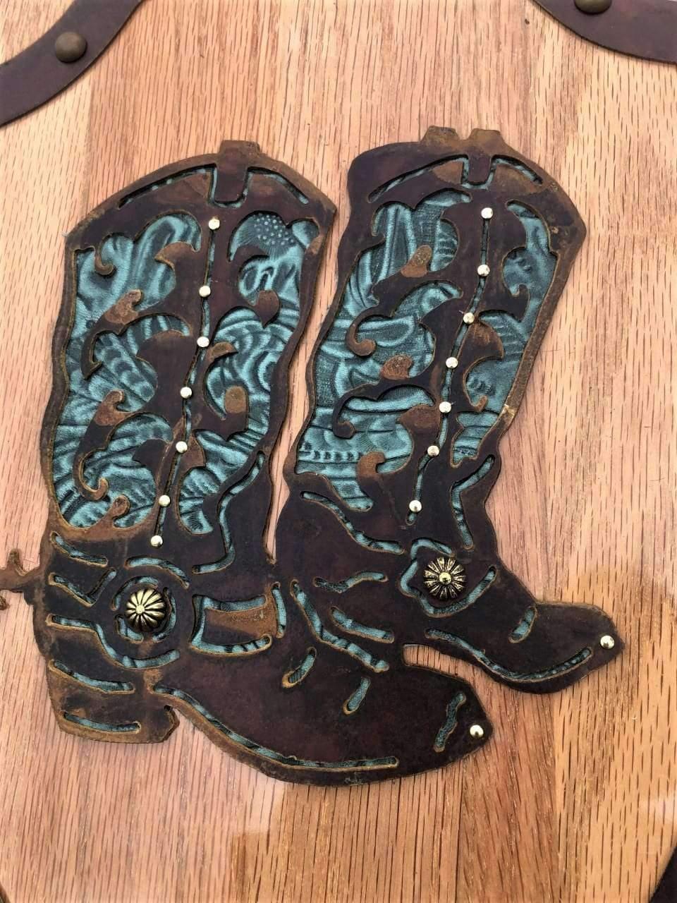 Cowboy boots & turquoise leather western toilet seat detail Made in the USA - Blue Mountain Brands USA Home Decor