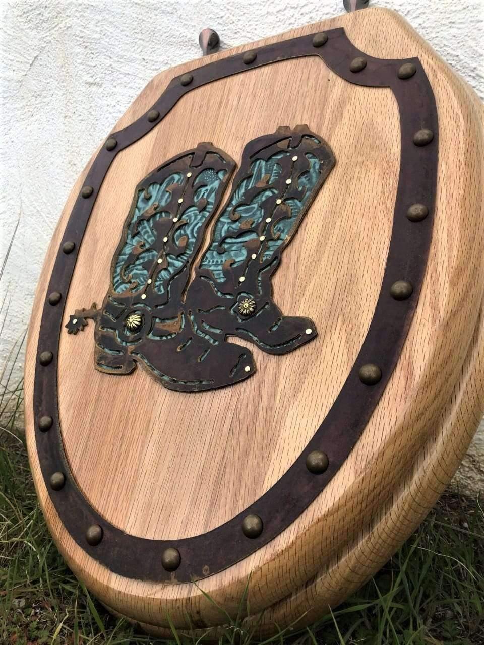 Cowboy boots & turquoise leather western toilet seat. Made in the USA - Blue Mountain Brands USA Home Decor