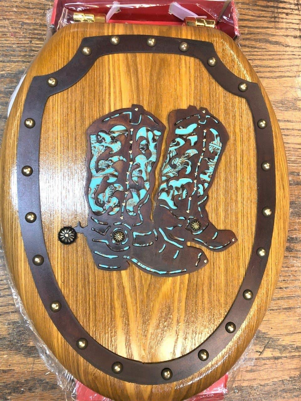 Cowboy boots and turquoise leather western toilet seat - Your Western Decor