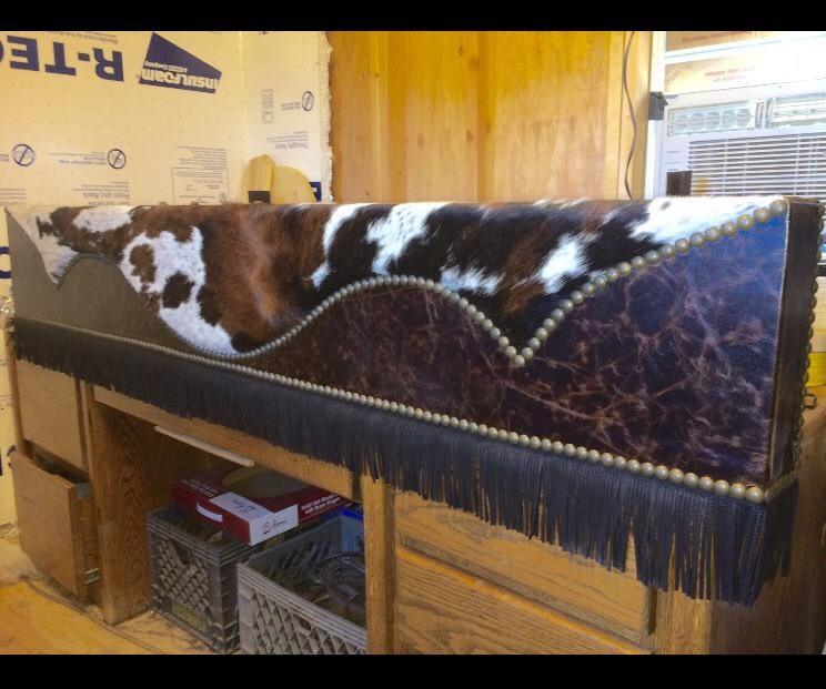 American made Custom Western Window Cornices with fringe in cowhide and distressed leather  - Blue Mountain Brands USA
