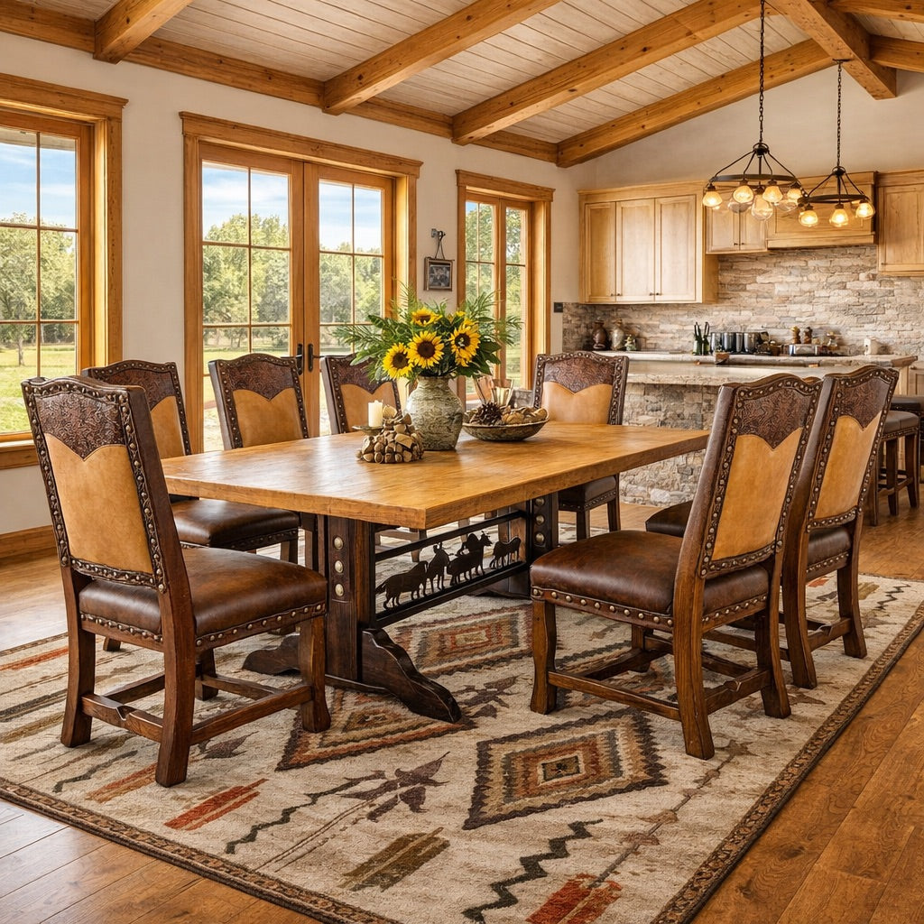 luxury western dining table with custom iron cowboy base in ranch dining room