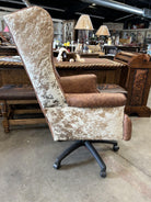 Custom Wingback Western Desk Chair in distressed brown leather and peppered brown & white cowhide made in the USA - Blue Mountain Brands USA Luxury Furnishings and Decor