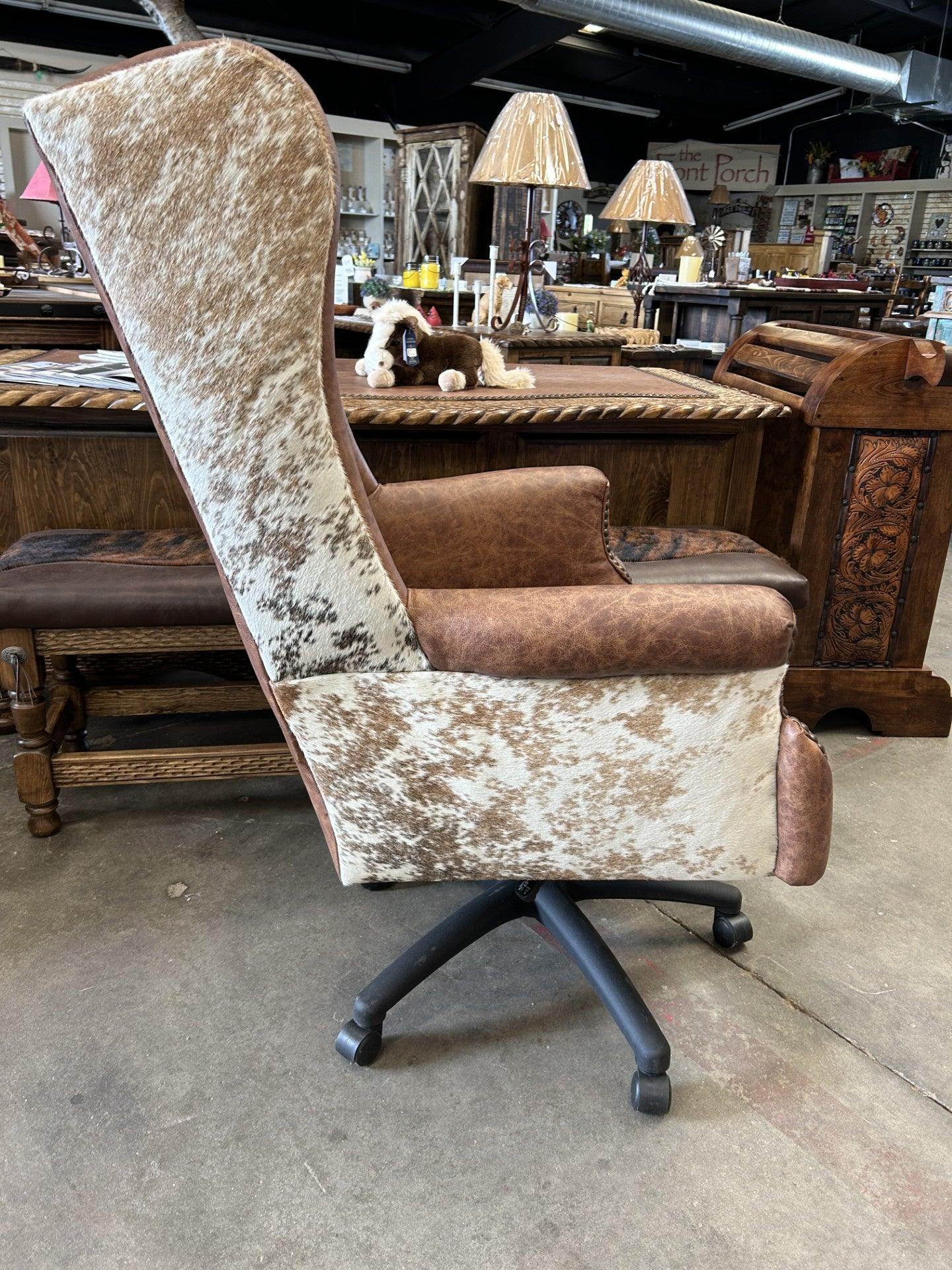 Custom Wingback Western Desk Chair in distressed brown leather and peppered brown & white cowhide made in the USA - Blue Mountain Brands USA Luxury Furnishings and Decor