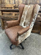 Custom Wingback Western Desk Chair in distressed brown leather and peppered brown & white cowhide made in the USA - Blue Mountain Brands USA Luxury Furnishings and Decor