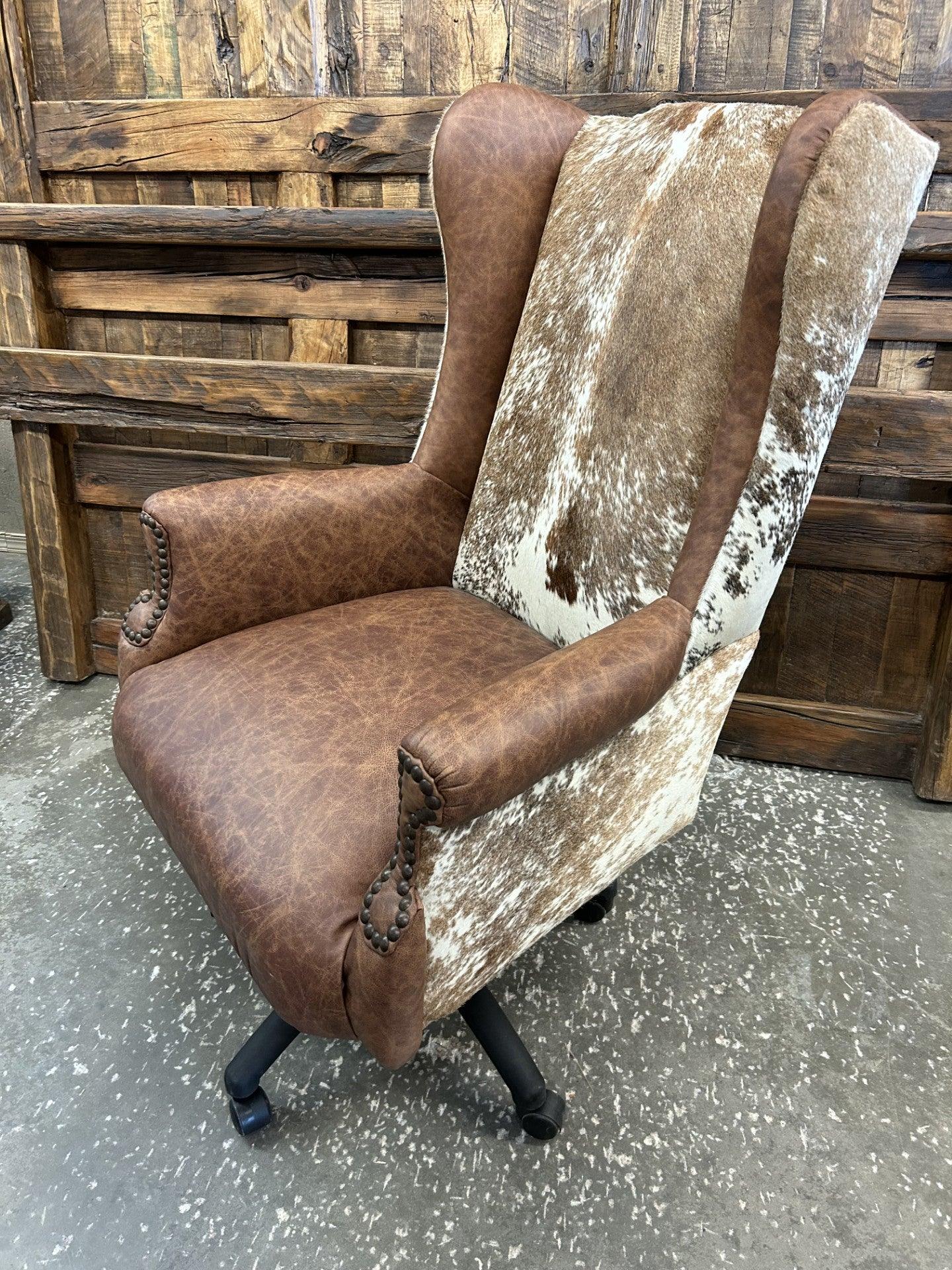 Custom Wingback Western Desk Chair in distressed brown leather and peppered brown & white cowhide made in the USA - Blue Mountain Brands USA Luxury Furnishings and Decor