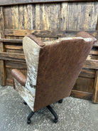Custom Wingback Western Desk Chair in distressed brown leather and peppered brown & white cowhide made in the USA - Blue Mountain Brands USA Luxury Furnishings and Decor