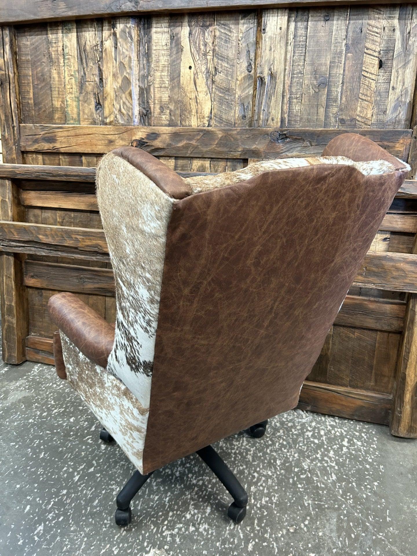Custom Wingback Western Desk Chair in distressed brown leather and peppered brown & white cowhide made in the USA - Blue Mountain Brands USA Luxury Furnishings and Decor