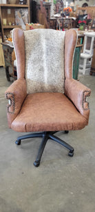 Custom made western wingback desk chair in cowhide and leather - Blue Mountain Brands USA Luxury Furnishings and Decor