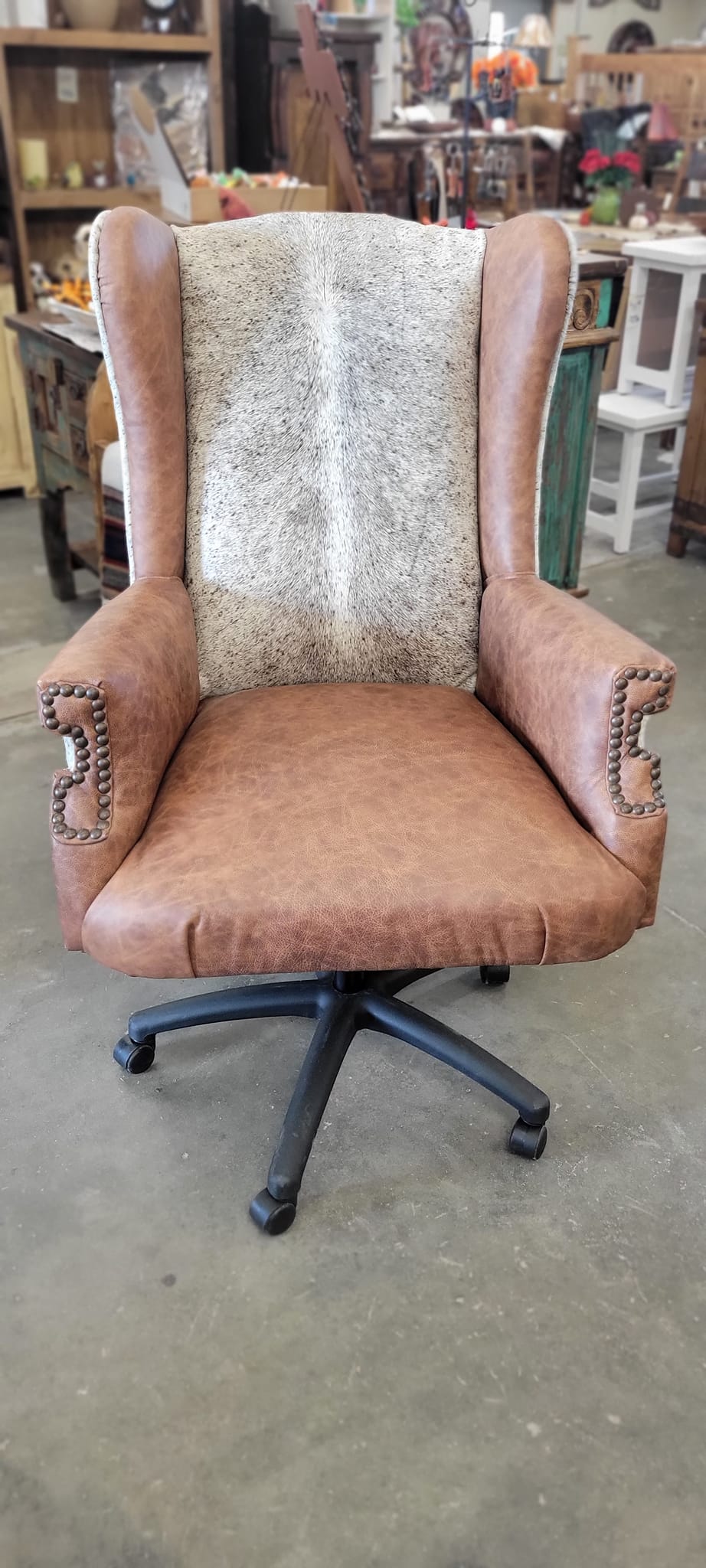 Custom made western wingback desk chair in cowhide and leather - Blue Mountain Brands USA Luxury Furnishings and Decor