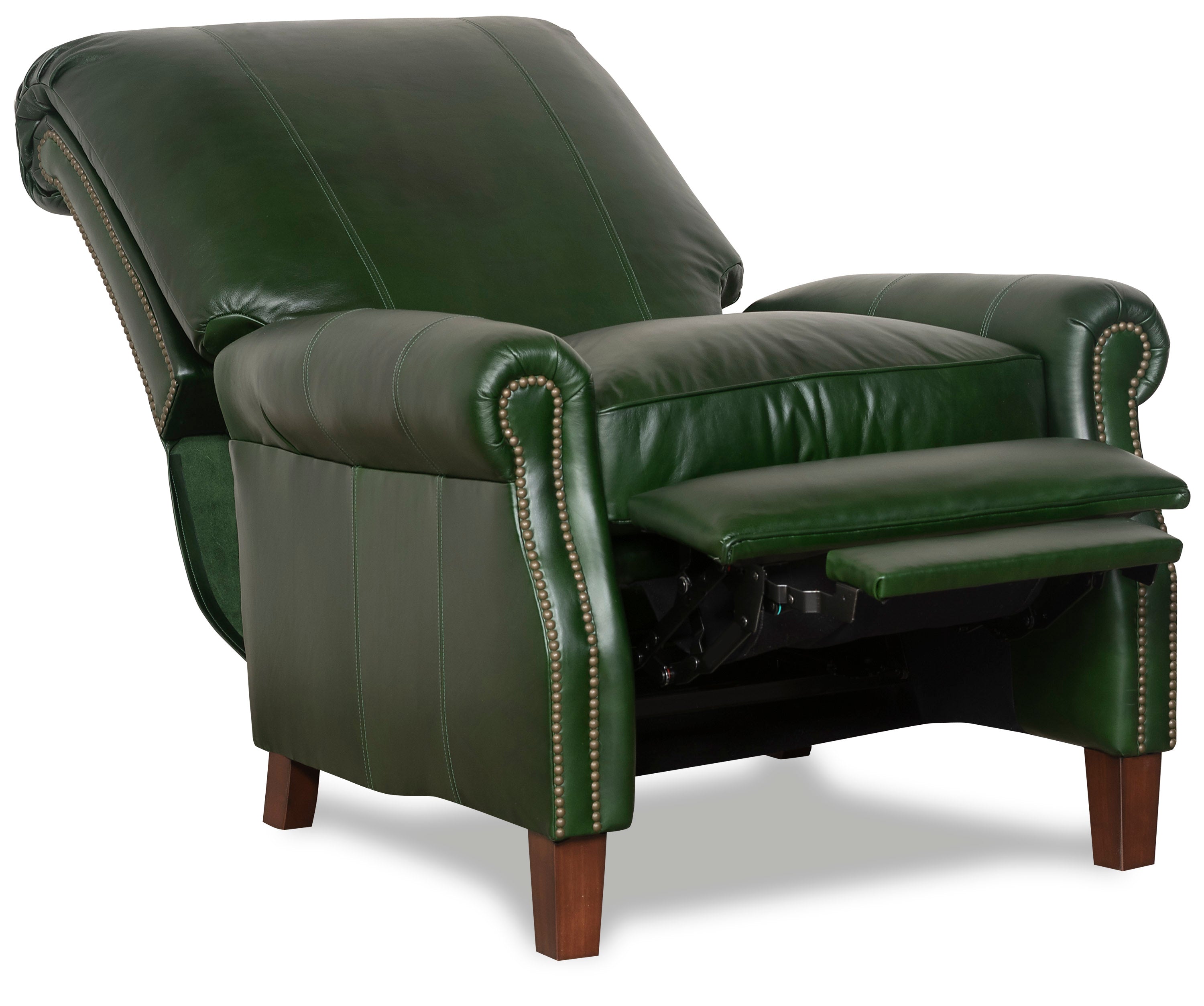 reclined green leather recliner with nail trim