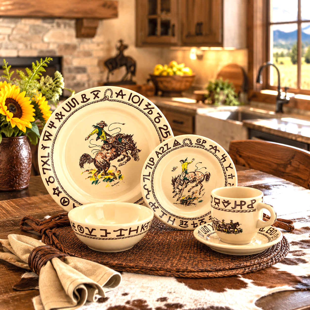 Yellowstone Rodeo Western Dinnerware Set styled in a luxury ranch kitchen with authentic cowboy china and Western lodge decor