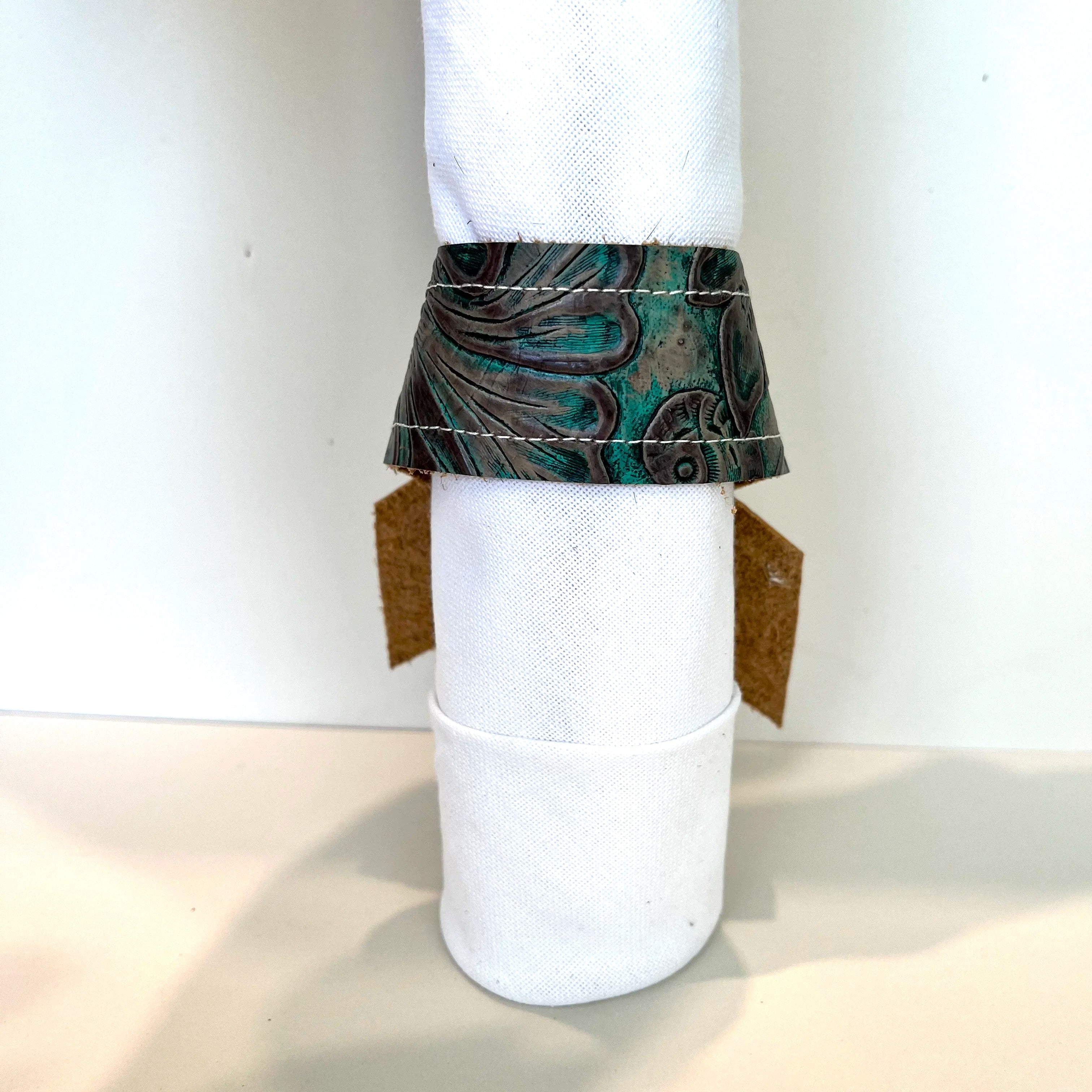 Autumn Turquoise Leather Napkin Ring back detail - Handmade leather napkin rings - Blue Mountain Brands USA Home Decor
