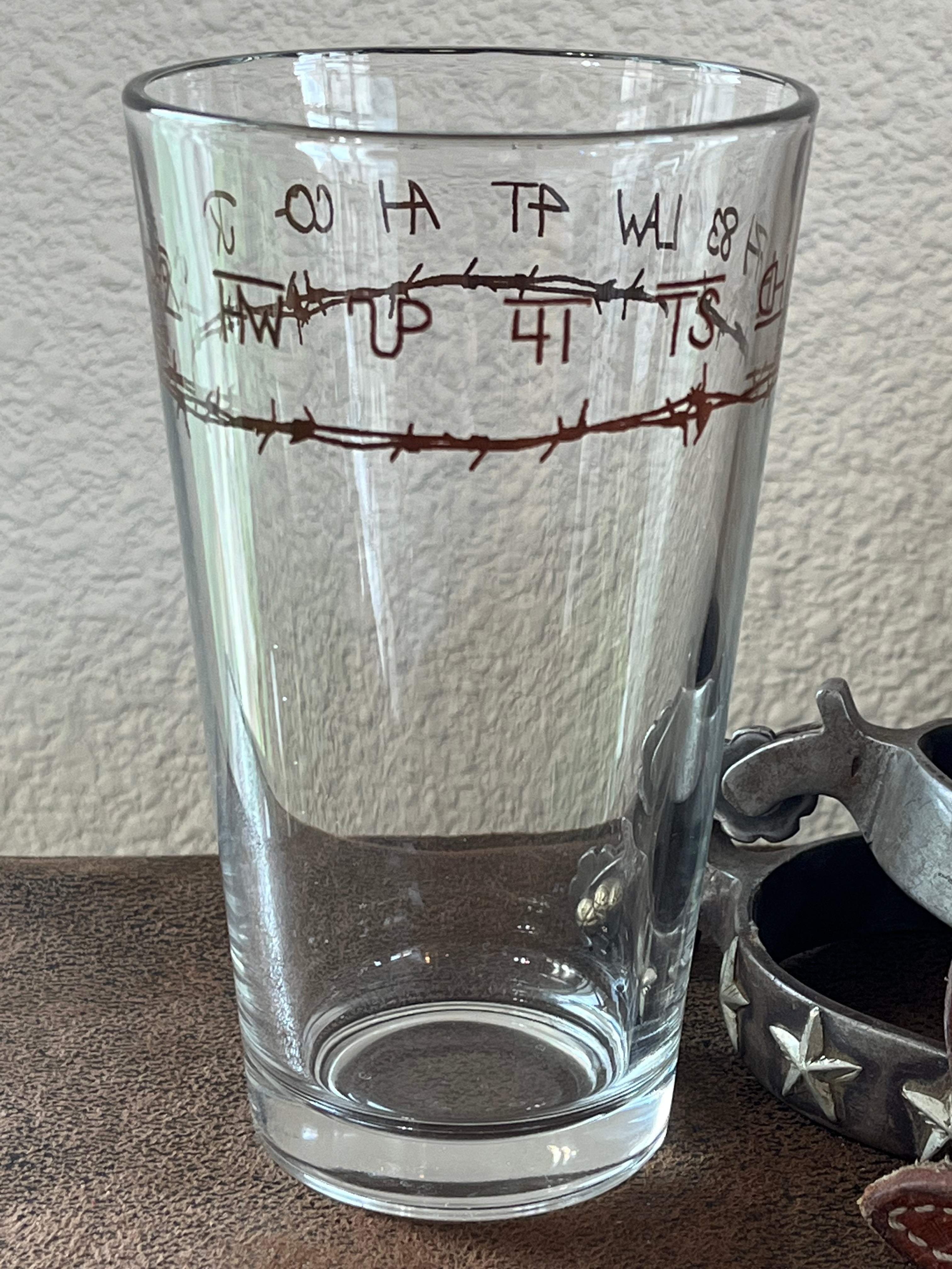 Western Glassware made in the USA with ranch brands and barbed wire made in the USA