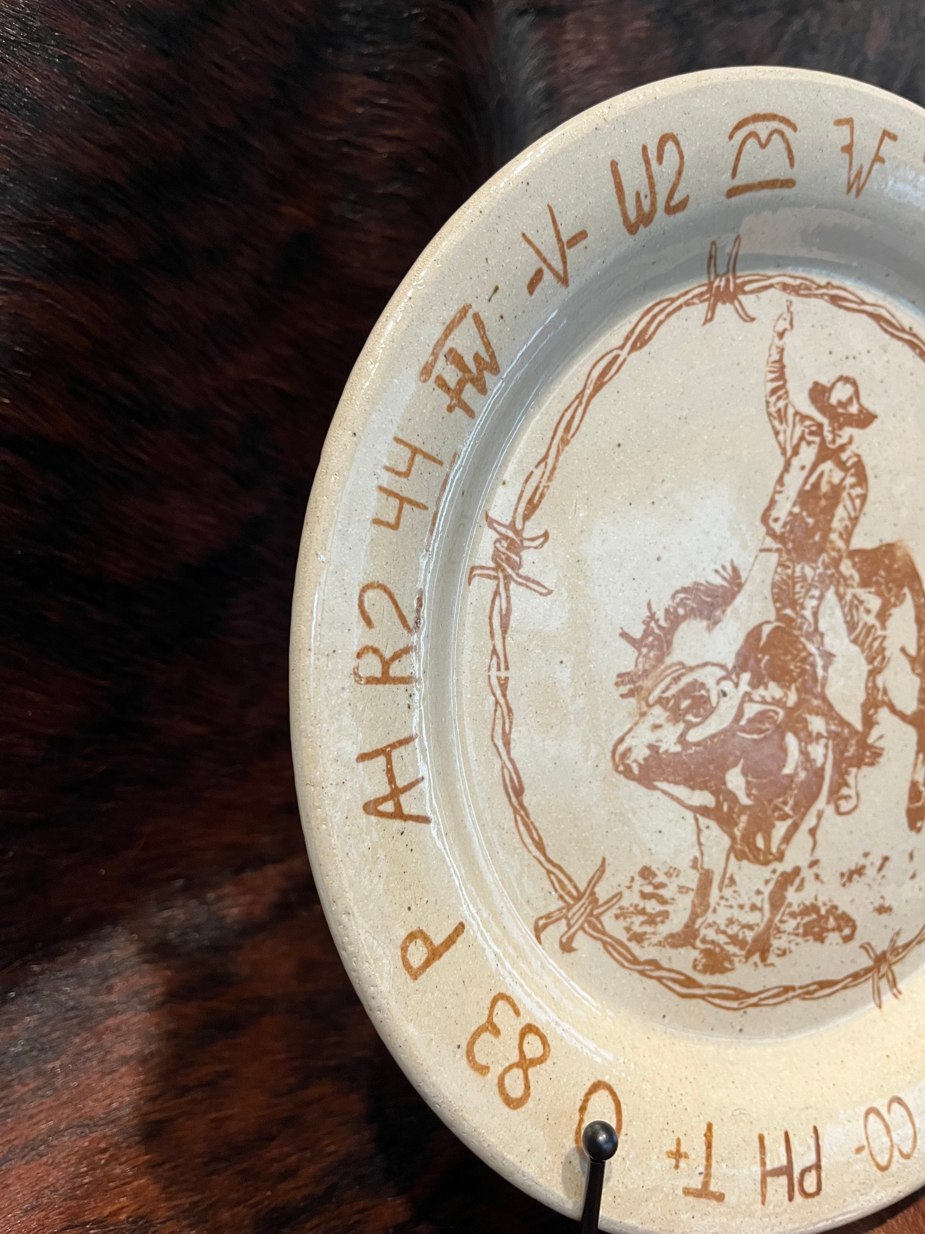 Blue Mountain Brands Dinner Plate with Bull Rider, Brands and Barbed Wire - Made in Pendleton, Oregon