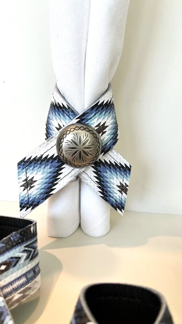 Southwestern Aztec Design Leather Napkin Rings - Blue Mountain Brands Home Decor