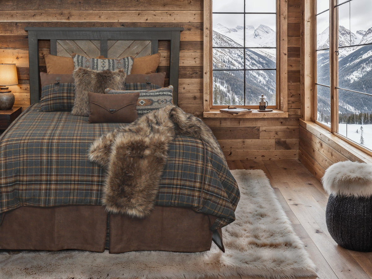 Kinsale plaid bedding set in mountain lodge room - Blue Mountain Brands USA