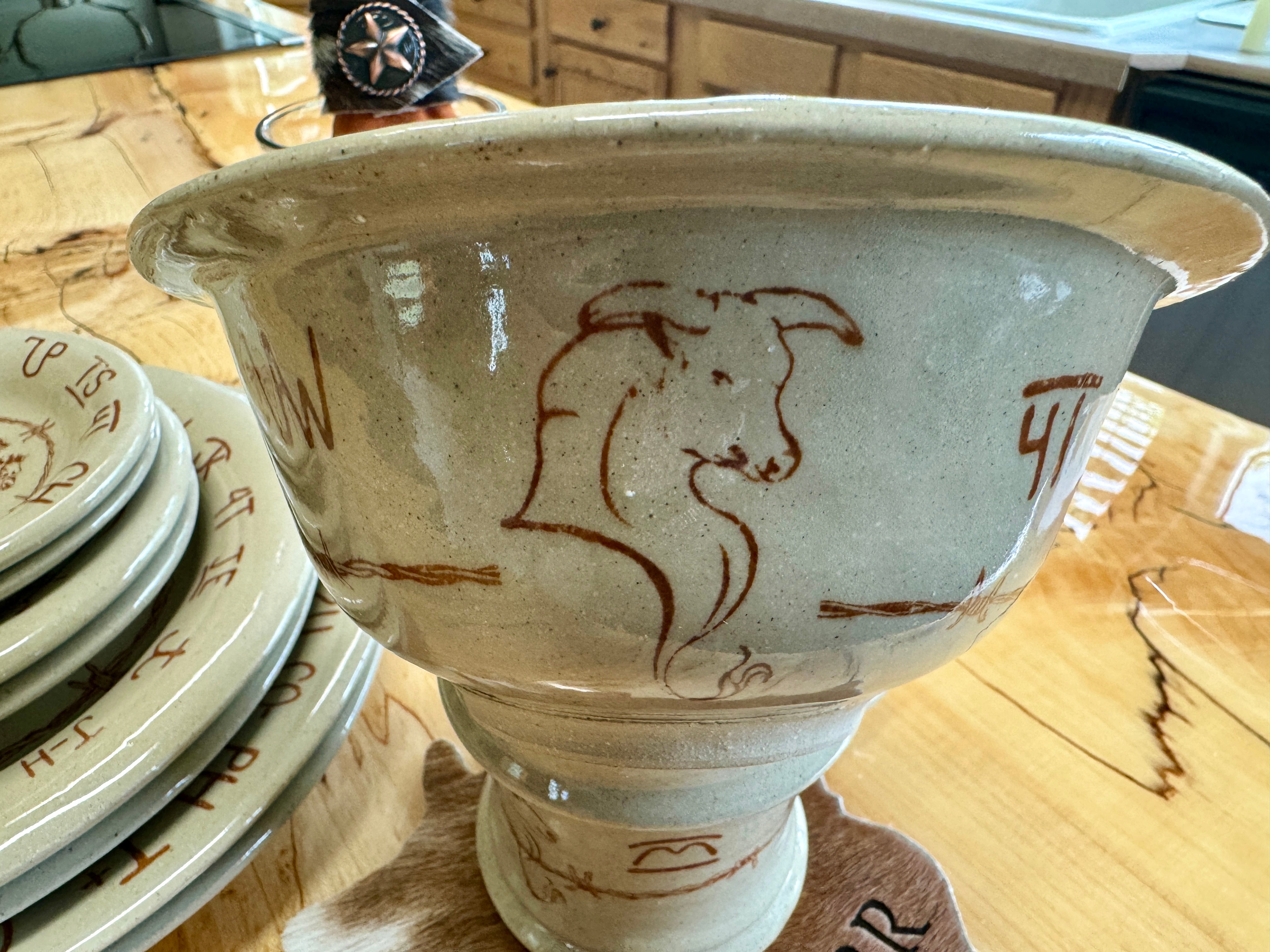 Blue Mountain Brands USA western cereal bowl with bull, brands and barbed wire made in Pendleton, Oregon USA