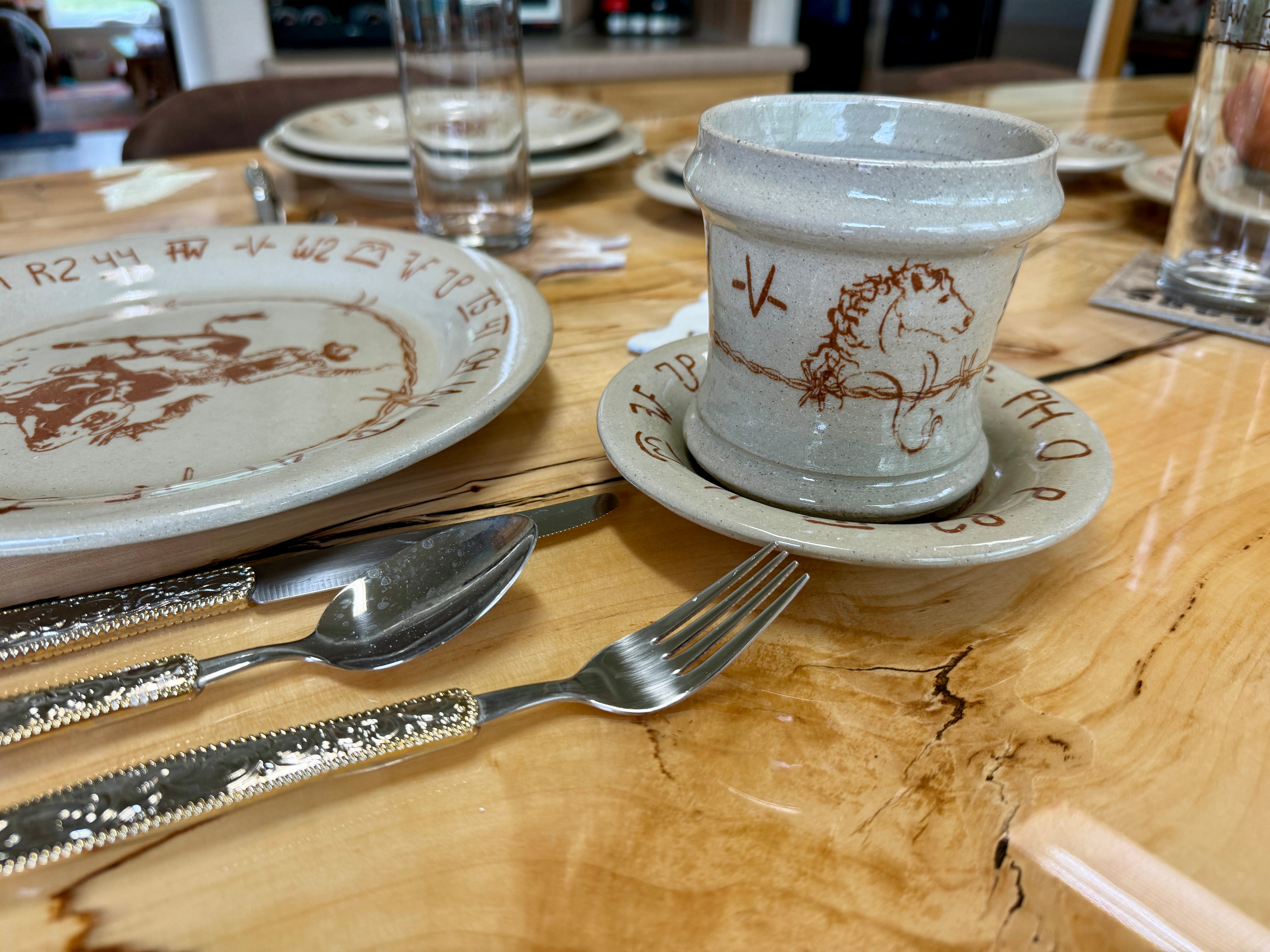 Blue Mountain Brands Western Mug and Saucer with brands and barbed wire - Made in Pendleton, Oregon USA