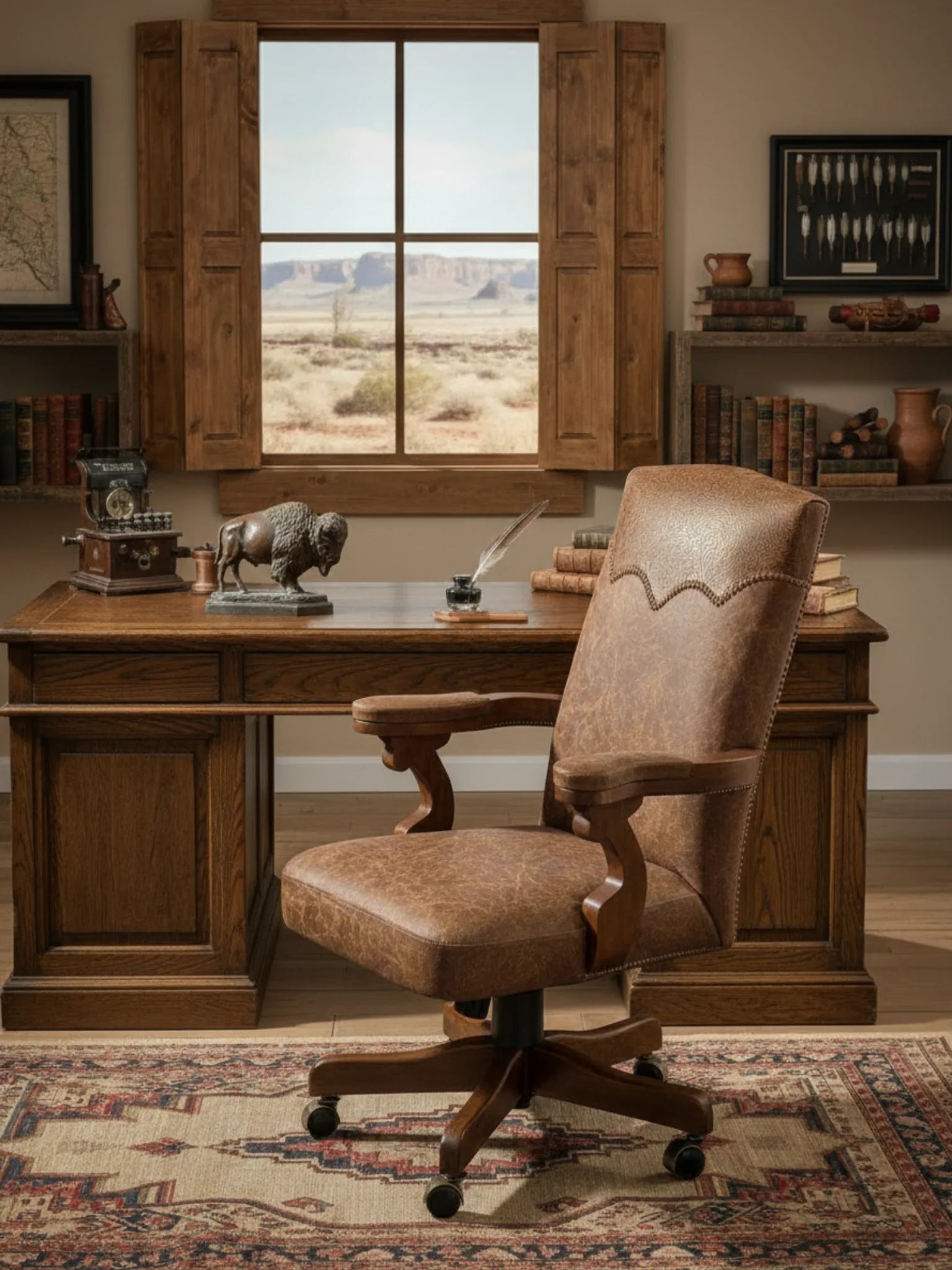 Wooden desk with leather office chair in a room with large window and bookshelves Blue Mountain Brands USA
