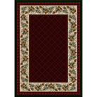 Decorative rug with a red center and decorative border featuring pinecones and branches.