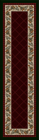 A rectangular Evergreen Pine rug with a geometric pattern featuring pine cones