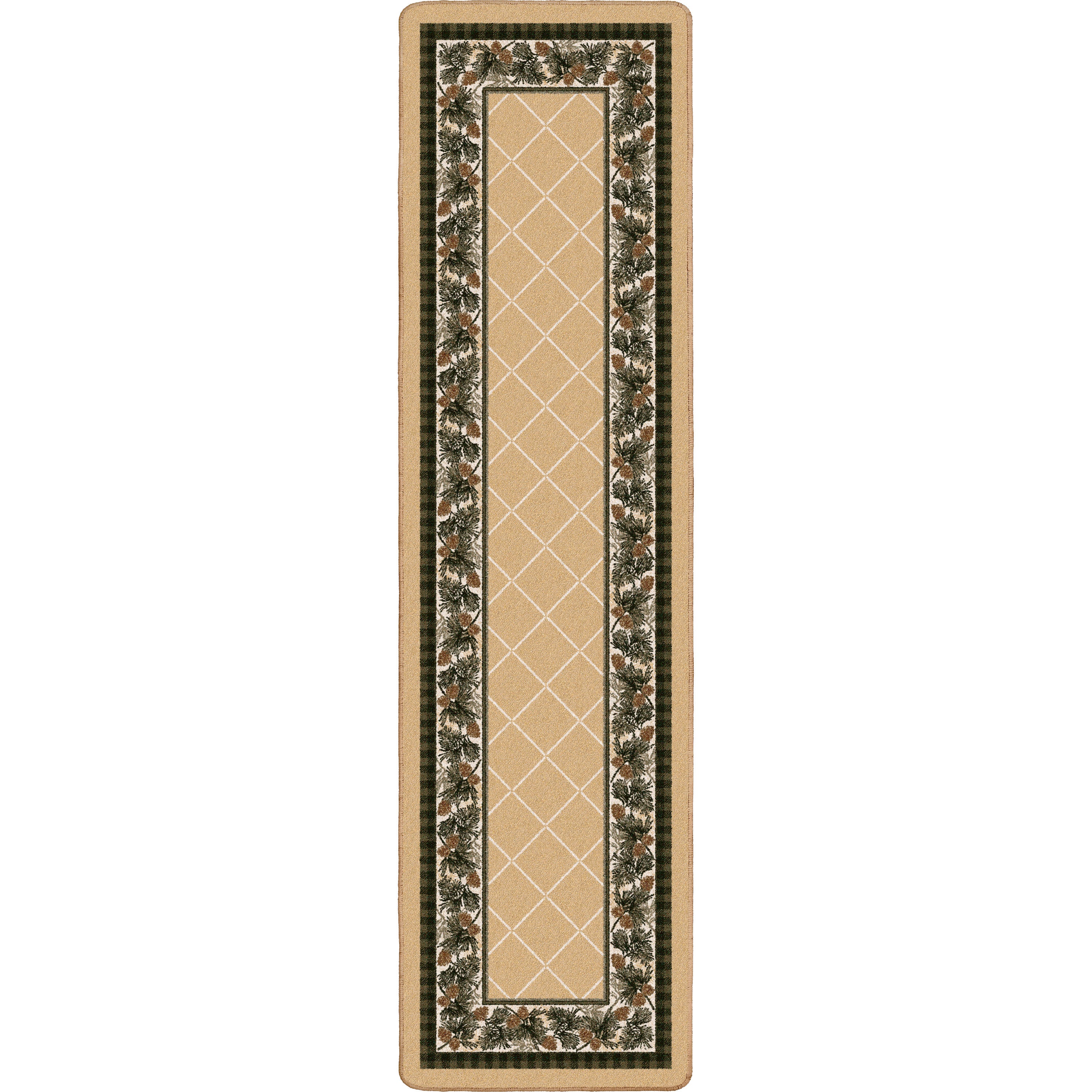 Beige runner rug with decorative pine cone border