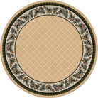 Round rug with a geometric pattern and decorative pine cone border 