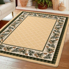 Decorative rug with a grid pattern and pine cone border on a wooden floor.