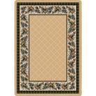 Beige area rug with decorative border featuring pine branches and cones
