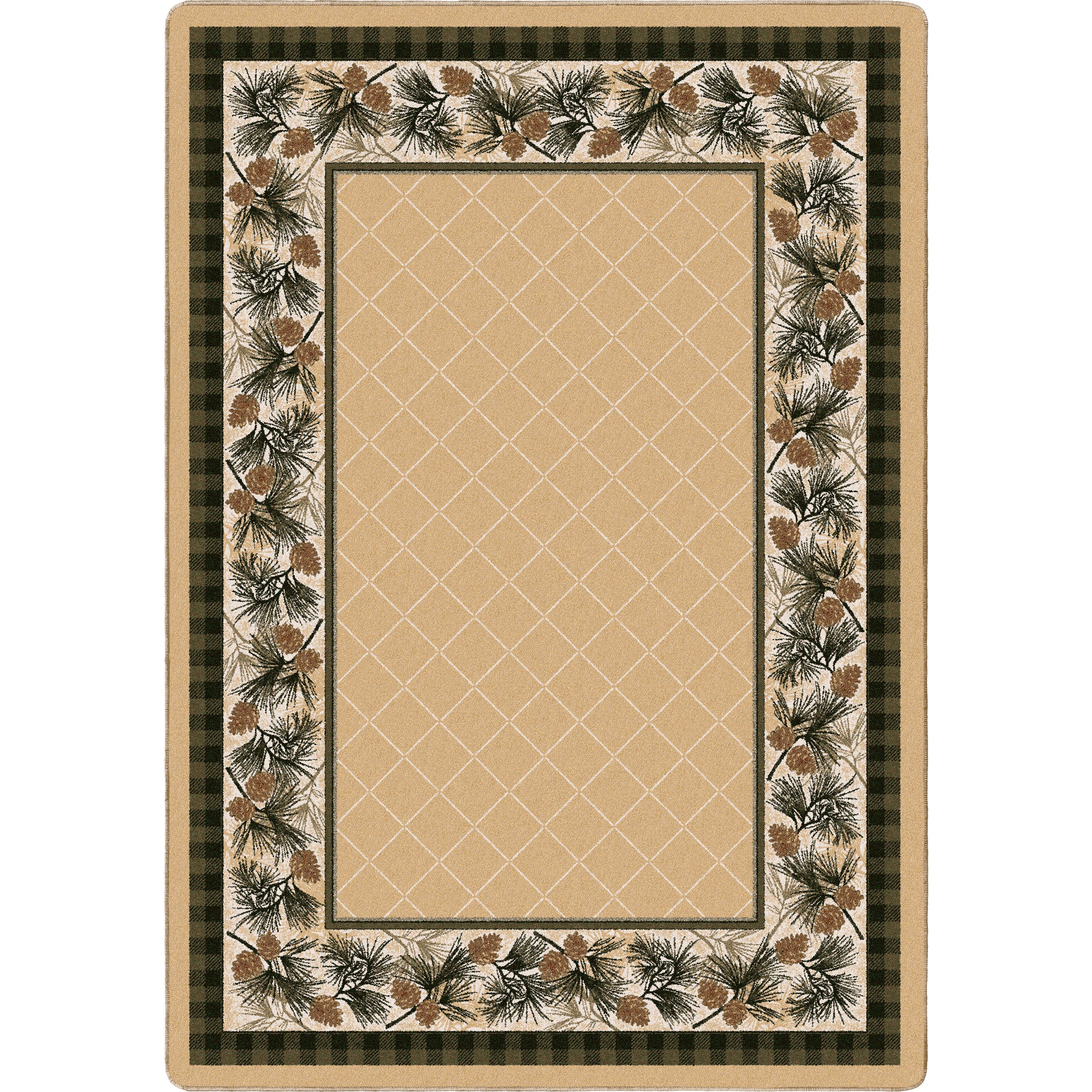 Beige area rug with decorative border featuring pine branches and cones