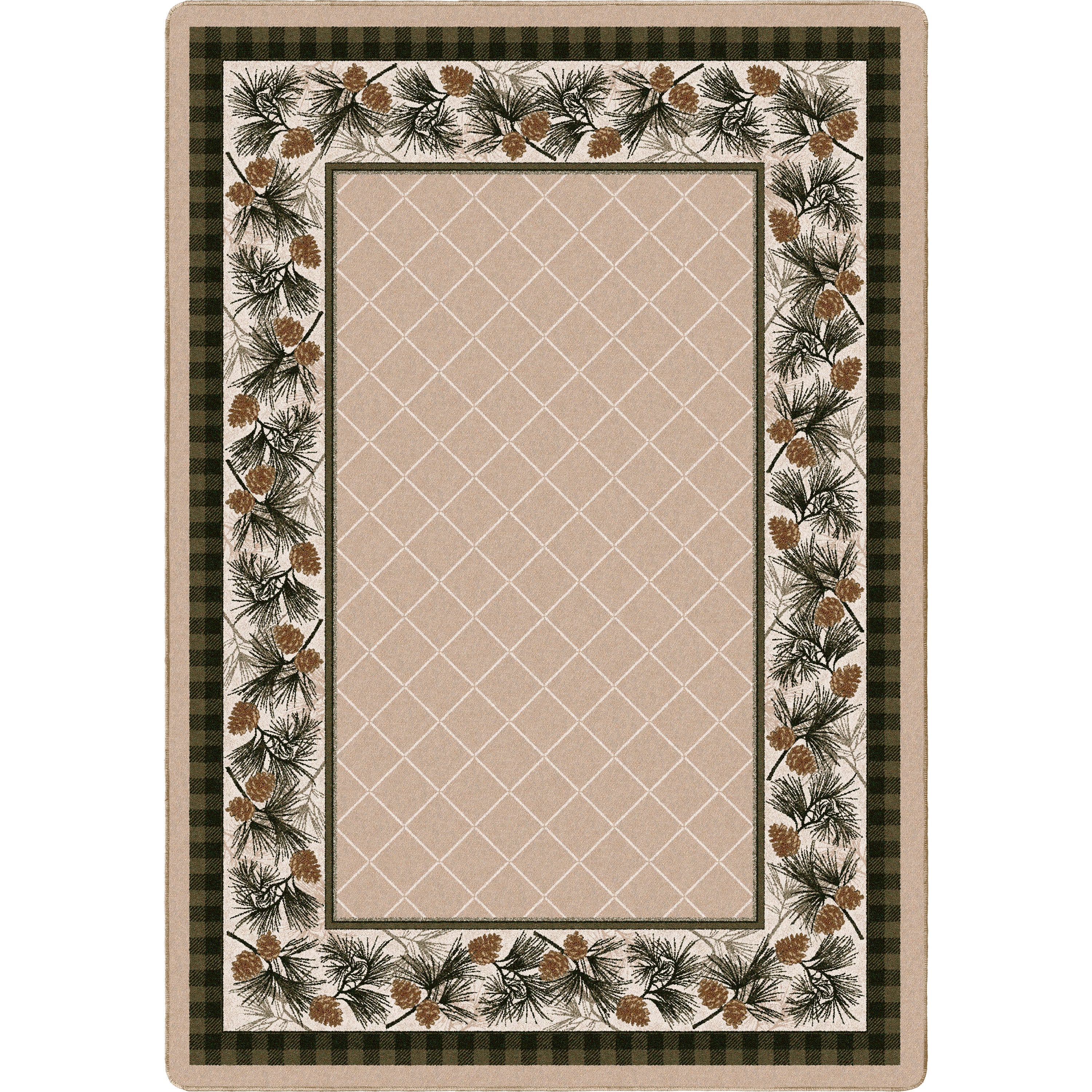 Rug with geometric pattern and pine cone border on a white background