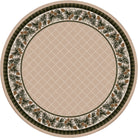 Round rug with a geometric pattern and decorative pine cone border on a white background