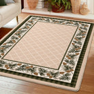 Decorative rug with a grid pattern and pine cone border on a wooden floor.