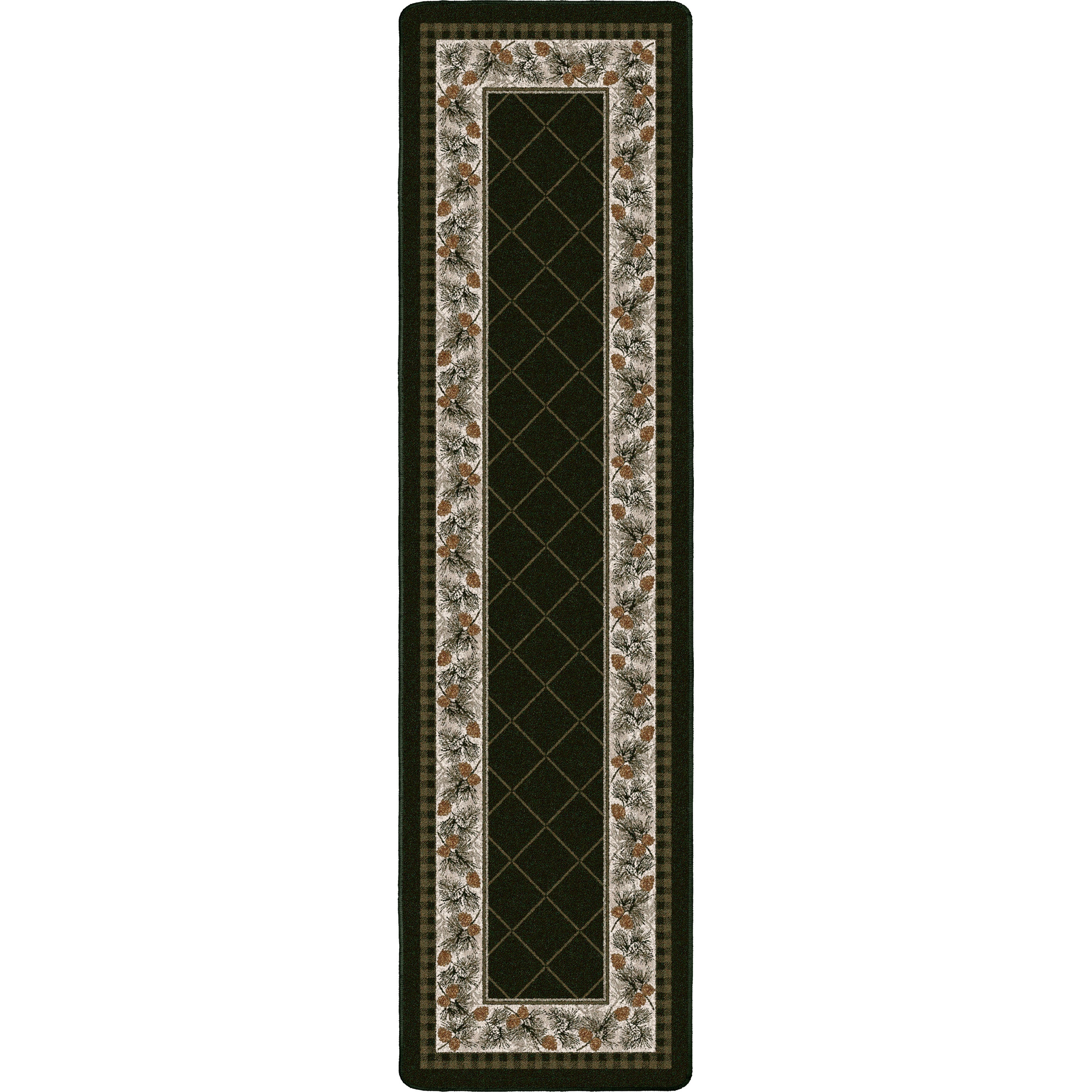 Dark green floor runner with pine cone border 