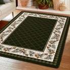 Decorative rug with a grid pattern and pine cone border on a wooden floor.