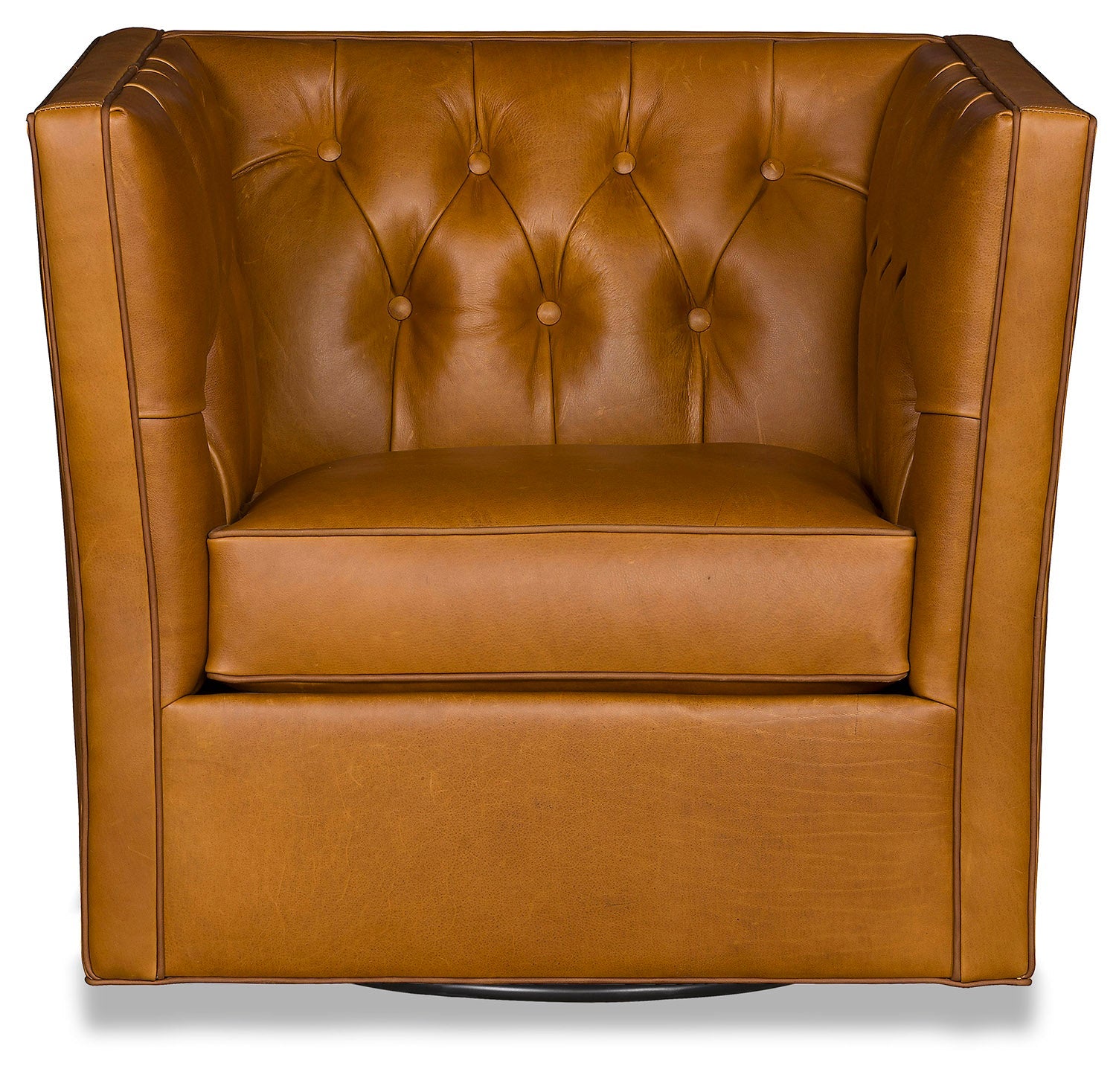 Brown tufted leather swivel chair front view - Blue Mountain Brands USA