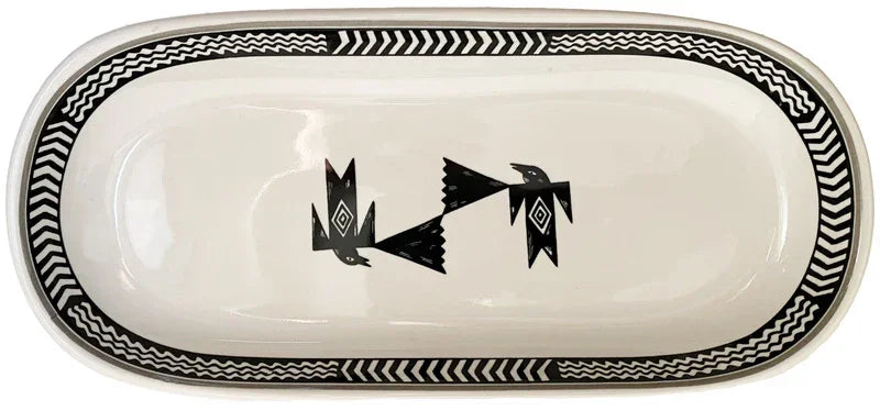 Rectangular ceramic dish with black Mimbreno geometric designs on a white background - Blue Mountain Brands USA